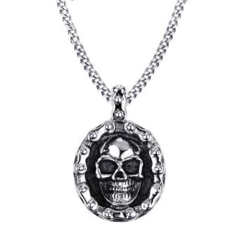 Skulls Oval Medal Necklace Titanium - LK75