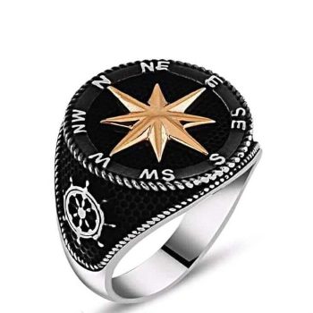 925 Sterling Silver Ring Black Compass Bronze Star Jewelry Men's - SV24